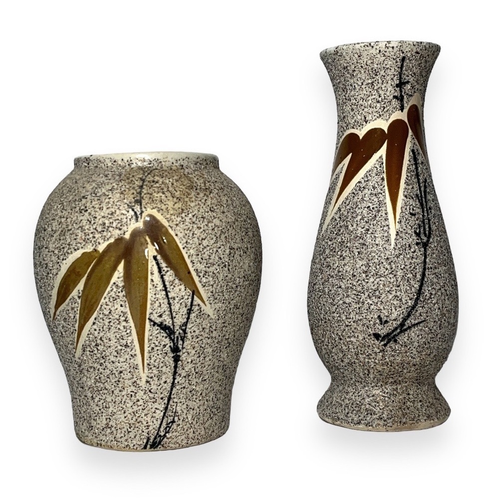 Ceramic Sand Textured Vases with Leaf Design Lot of Two Brown Black Tan Bamboo‎